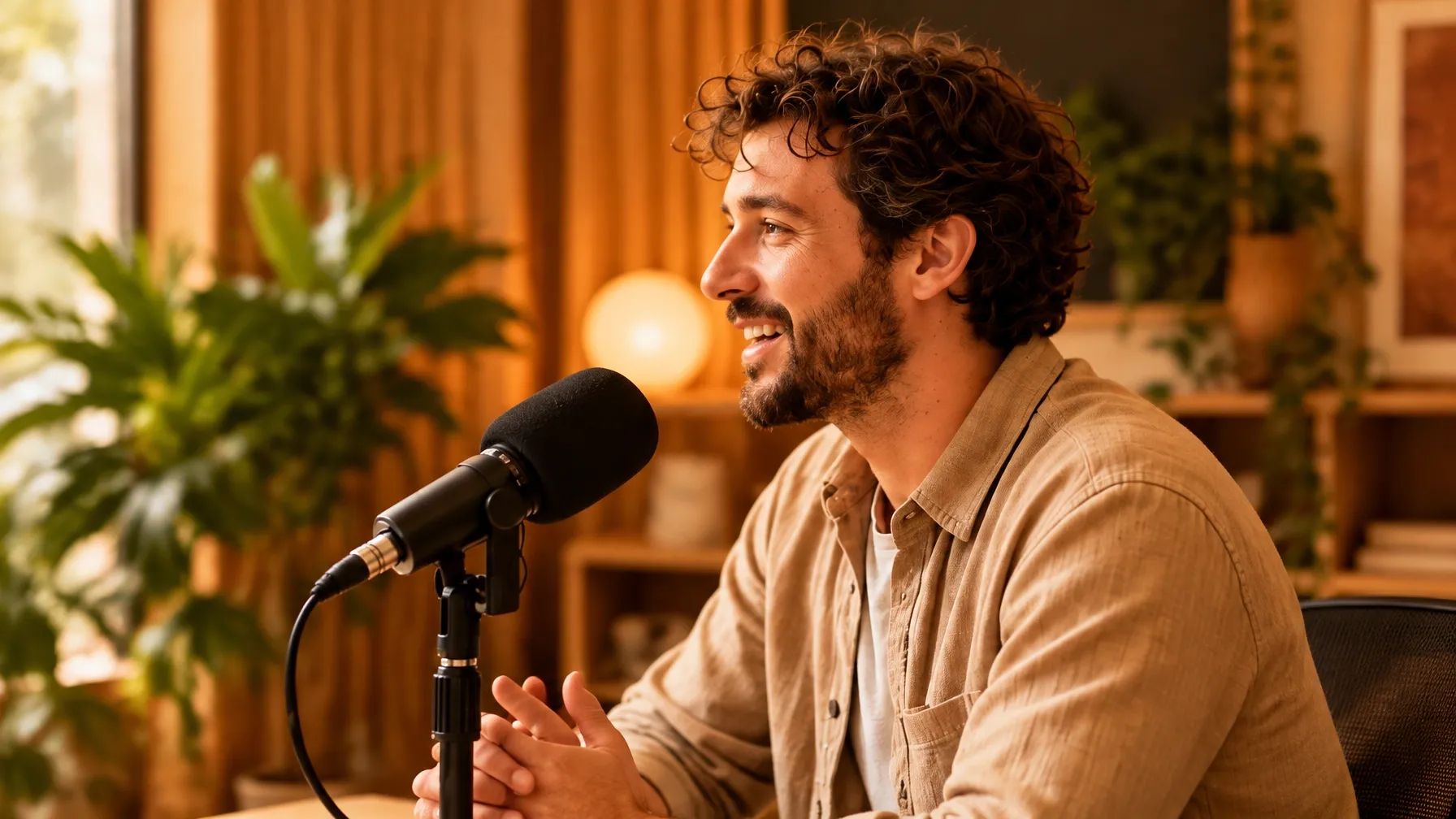 Podcast host in a warm, welcoming studio, speaking into a microphone